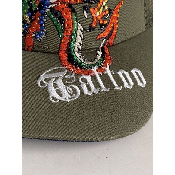Ed Hardy Trucker Hat Embroidered Rhinestone Dragon Tattoo Snapback Cap Green NEW - Picture 4 of 14